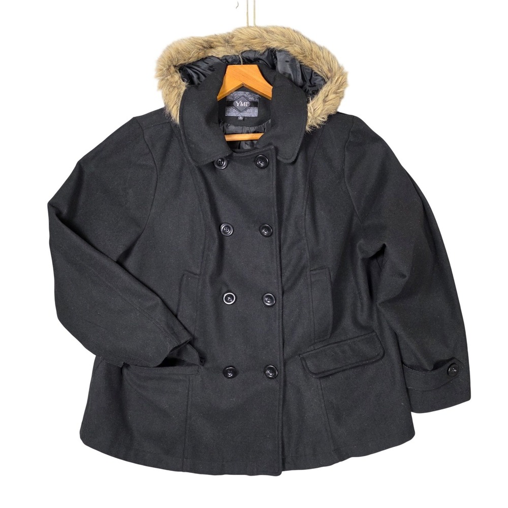 YMI Double Breasted Faux Fur Trim Hooded Pea Coat Womens 3X Dark Academia Goth